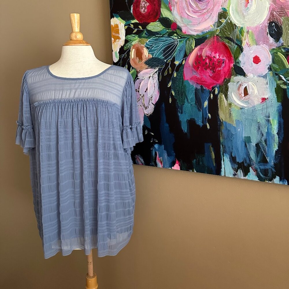 EUC Max Studio Mesh Lace Short Sleeve Ruffle Blouse Women's Size 1X